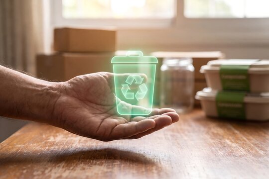 Waste recycling circular economy sustainability concept, hand holding glowing recycle bin hologram with eco symbol above wooden desk with eco packaging boxes and containers, green waste