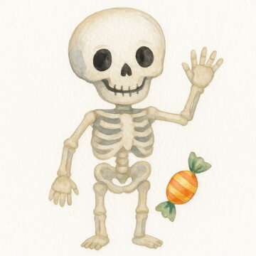 Friendly skeleton waving hand with striped candy beside it, watercolor illustration on white background, playful and cute Halloween themed character with smiling skull and bones