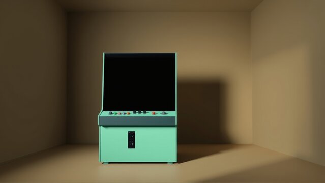 Retro arcade cabinet sits within dimly lit room. Teal color dominates machines exterior, screen dark. Minimalist aesthetic, strong shadows present.