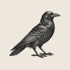 Naklejka premium Detailed Woodcut Style Raven Illustration Black Crow Engraving