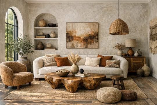 Cozy living room with natural wood and earth tones. Arched window lets in soft daylight. Woven pendant light hangs above coffee table. Rug and cushions add texture and comfort