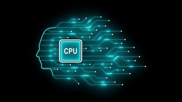 Artificial intelligence concept: digital human brain with glowing cpu processor and circuitry network