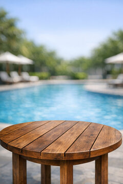 Round wooden table by poolside. Blurred palm trees and umbrellas in background. Bright blue water reflects clear sky. Outdoor seating area suggests leisure setting