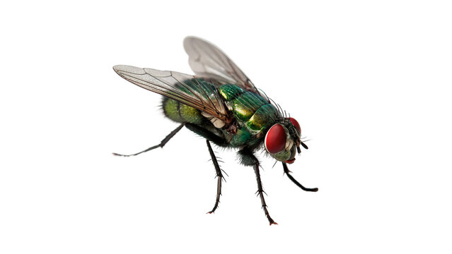 Common housefly green bottle fly flying insect isolated on transparent background for pest control hygiene biology education.