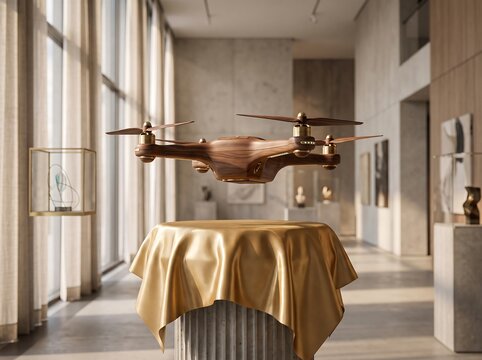 A quadcopter hovers above draped golden satin showcasing a modern aerial vehicle design drone multirotor rotorcraft unmanned aircraft hovering drape metallic luxury technology contemporary interior
