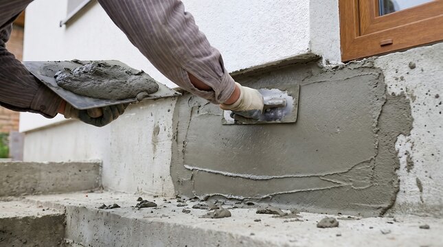 A worker applies cement render to a textured exterior wall with a trowel construction masonry plastering rendering mortar texture building renovation repair workman tradesman craftsman