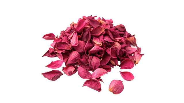 Pile of dry red rose petals aromatic potpourri isolated on transparent background for romantic spa wellness therapy.