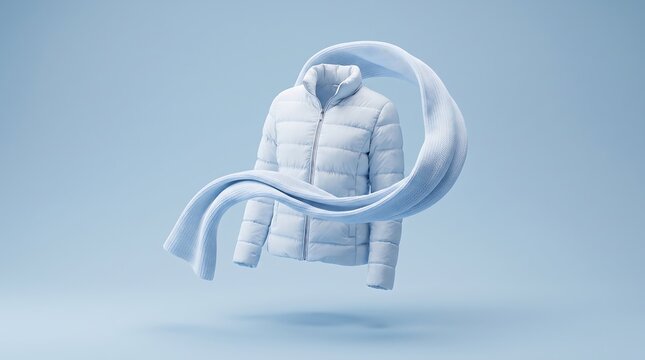 A light blue puffer jacket and knitted scarf are suspended in a monochromatic setting apparel autumn clothing cold comfort contemporary down fashion frost garment knitwear
