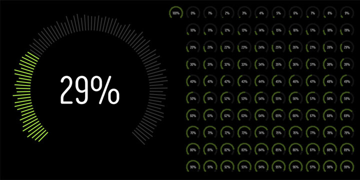 Set of circular sector arc percentage diagrams meters progress bar from 0 to 100 ready-to-use for web design, user interface UI or infographic - indicator with green