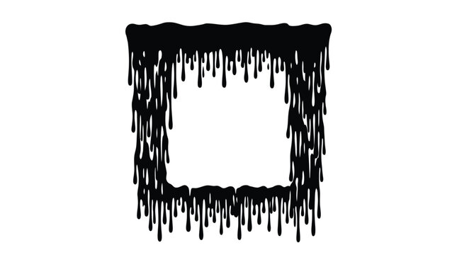 Dripping black paint square frame, melting liquid ink border, dark grunge slime texture vector, gothic splatter frame isolated on White Background halloween