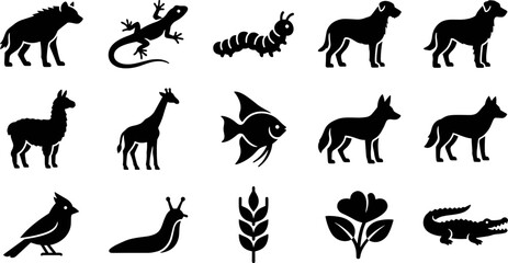 Naklejka premium A collection of various animals and plants depicted in black silhouette icons.