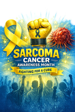 Yellow ribbon symbolizes sarcoma cancer awareness. Raised fist shows strength and determination. Cancer cell graphic highlights disease focus. Celebratory crowd raises hands in unity