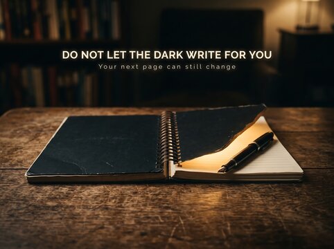 Open spiral bound notebook with black cover, fountain pen and inspirational quote 'do not let dark write for you' on wooden table.