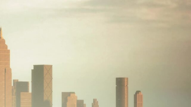 A skyline view shows tall buildings against the orange light of sunset. The sun sets behind the structures, creating a warm glow over the city.