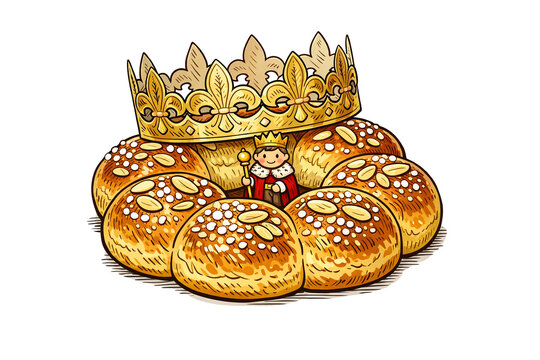 Golden crown rests atop round, bread-like rolls. Each roll is topped with sesame seeds and decorative flakes. Illustration style features soft, warm tones and detailed outlines