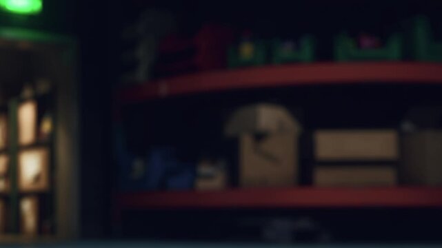 A room shows shelves stacked with various boxes and supplies. The lighting is low, creating shadows on the objects. Some items are colorful while others are plain and cardboard.