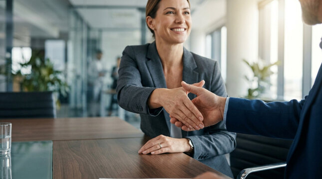 Businesswoman shaking hands with colleague in modern office, successful meeting