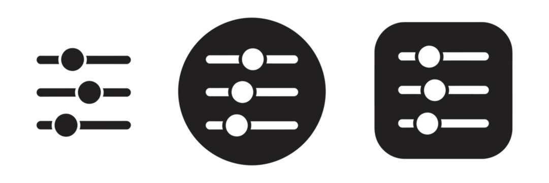 Settings slider icon set, horizontal adjustment controls, customization configuration UI symbols, app interface, web dashboard elements, isolated white background, vector design.

