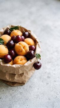 Apricots and dark cherries spill from a crumpled brown paper bag on a stone surface stonefruit drupes fruit produce harvest seasonal organic freshness stone-surface crumpled-paper