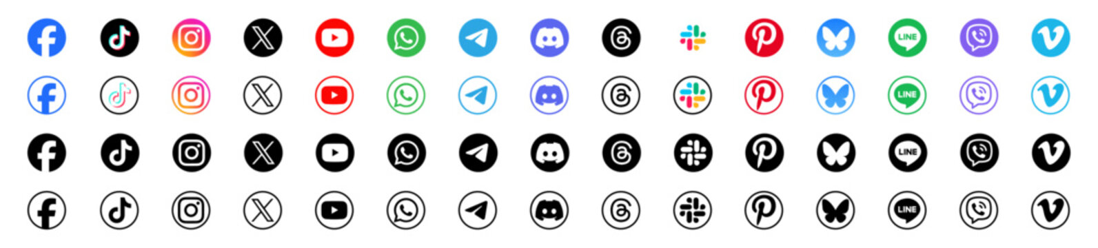 Social media icon set vector and image, logotype black and white Instagram Telegram Facebook Discord WhatsApp Pinterest TikTok Vimeo YouTube Threads Line X Slack Bluesky Viber