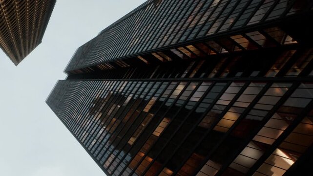 Tall buildings stand next to each other in a busy city. The structures reflect light and show glass and metal surfaces. The sky is gray and cloudy. The scene captures urban architecture.