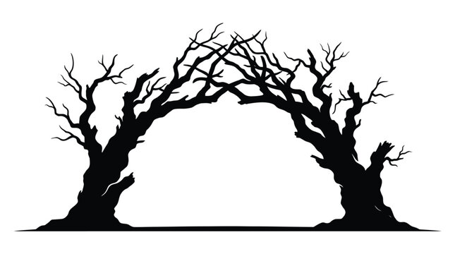 Spooky dead tree silhouette archway, gnarled bare branches forming a natural frame, creepy forest landscape vector illustration isolated on White Background halloween
