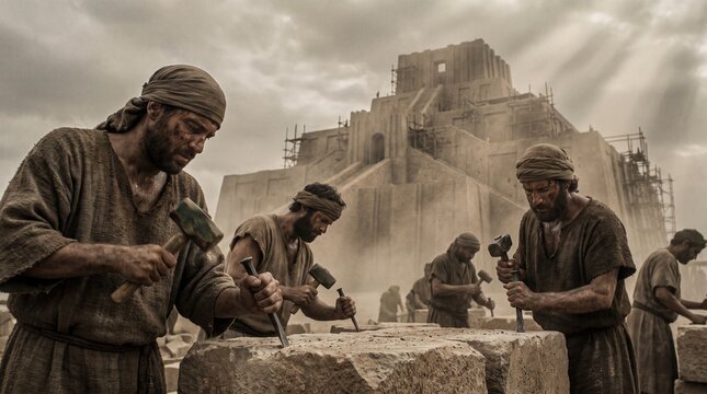 Stonemasons carve heavy stone blocks with hammers and chisels before the Tower of Babel ziggurat in Genesis Old Testament biblical scene.