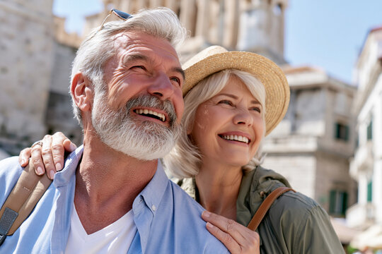 Sunlit couple smiles warmly, arms around each other. They stroll through historic streets, enjoying the day. Their joyful expressions radiate contentment and affection. Perfect for retirement, travel