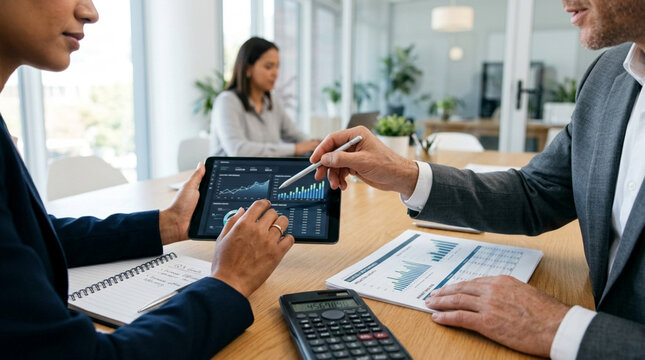 Business meeting with financial charts on tablet, teamwork, analysis, office environment