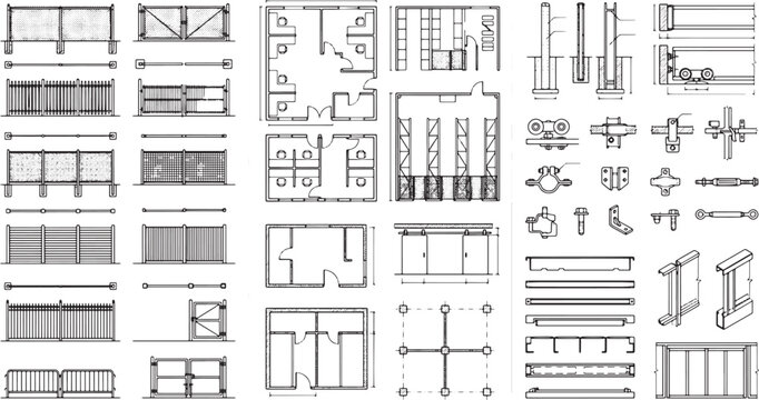 Architectural technical drawing set featuring fence designs floor plans and structural construction details in black and white