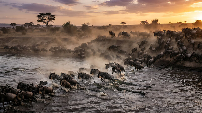 Wildebeest migration crossing the Mara River with crocodiles in Serengeti Africa during sunset