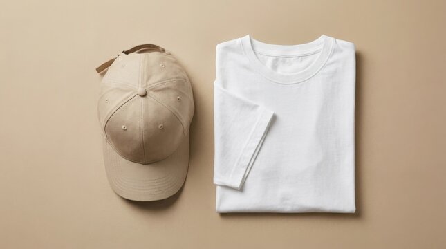 Plain White T-Shirt and Beige Baseball Cap Flat Lay.