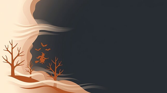 Halloween scene with a witch on a broom bare trees and bats in a spooky vector illustration