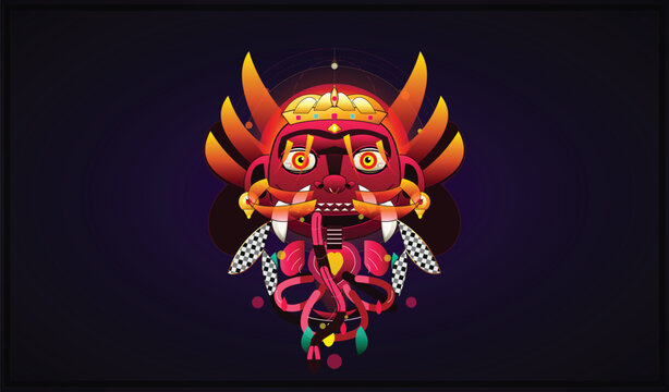 Tribal Mask Illustration with Fiery Horns and Ornate Details