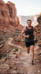 Naklejka premium Male Athlete Running Through a Rugged Desert Canyon Trail for Intense Outdoor Fitness and Endurance Training Under the Golden Sunlight