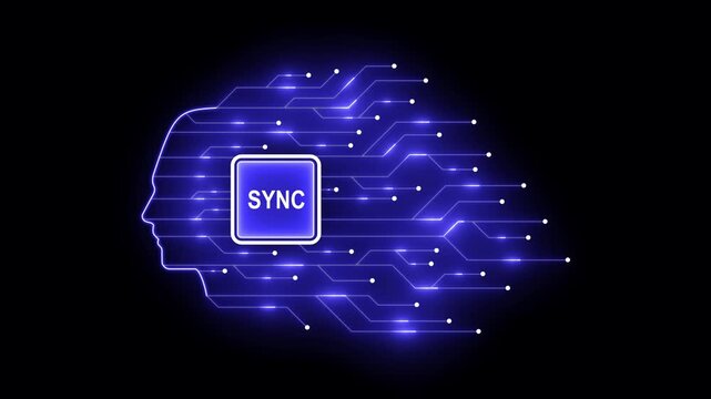 Digital human head silhouette with sync processor chip and glowing neural network circuitry artificial intelligence