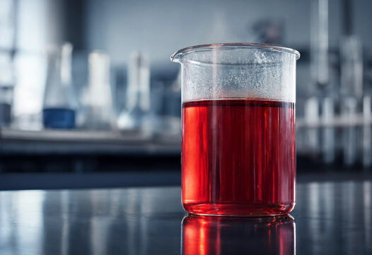 Methyl Orange pH Indicator Red Acidic Solution in Glass Beaker - Acid-Base Titration Chemistry Laboratory Science Education Concept