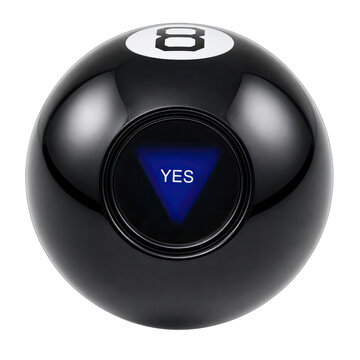 Magic black eight ball with glowing blue triangle interior showing positive yes answer isolated transparent background mystical fortune teller game toy.
