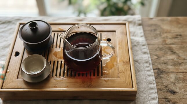 Traditional Gongfu Tea Ceremony Set with Glass Pitcher and Porcelain Cup on a Rustic Bamboo Tray for a Serene and Mindful Afternoon Tea Experience