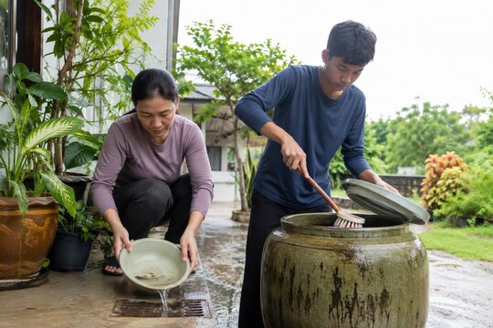 Family removing standing water to prevent dengue mosquitoes