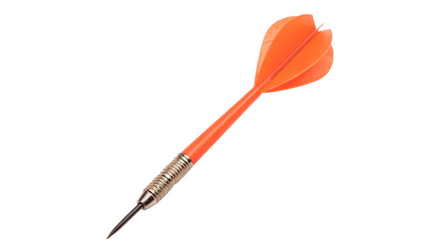 Single orange dart arrow with metal tip isolated on transparent background for business target success motivation.