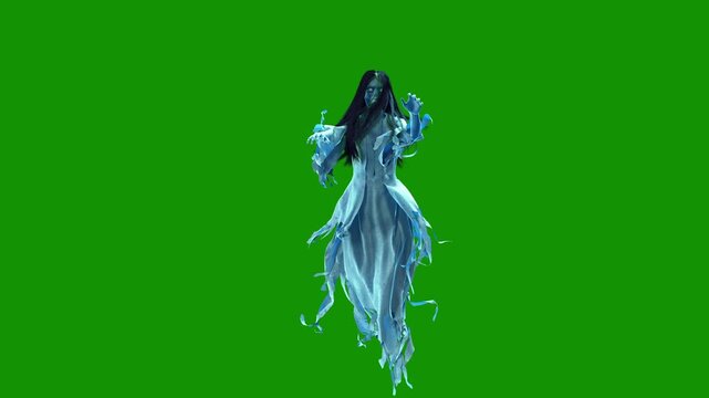Terrifying 3D female ghost flying towards camera on green screen. Perfect for Halloween horror VFX, jump scares, and spooky promos. Chroma key ready.