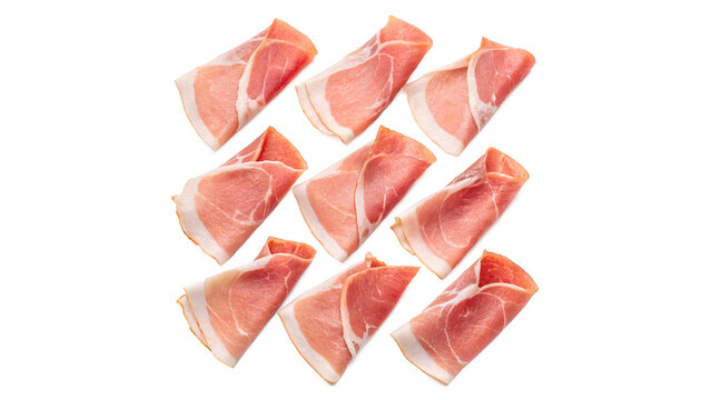 Slices of raw prosciutto parma ham bacon isolated on transparent background for traditional Italian restaurant dining.