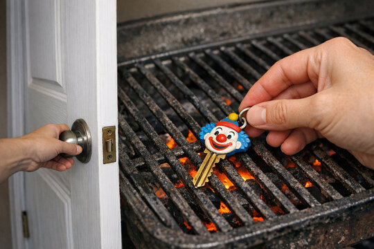 Hand opens door. Key with clown face rests on grill. Flames glow beneath metal grates. Hand holds key above heat. Grill shows signs of burning. Scene suggests accidental fire hazard
