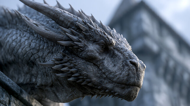 Gray dragon portrait features detailed scales and a stony castle backdrop