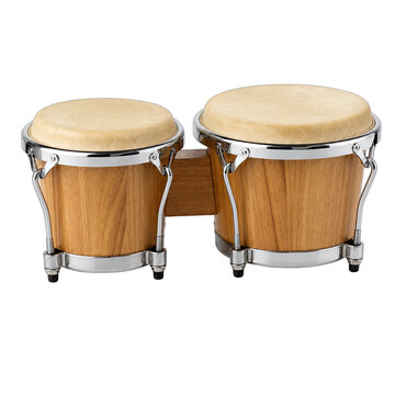 Wooden bongo drums instrument isolated on transparent background provides classical percussion gear for music creation and traditional acoustic rhythmic playing.
