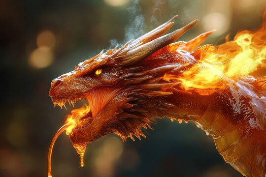 Fantasy dragon head coated in shiny amber syrup breathing hot liquid golden flames