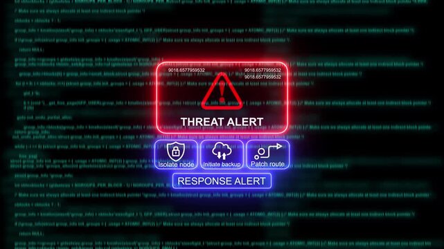 Cyber security threat alert interface with digital code background, and emergency response, options cybersecurity