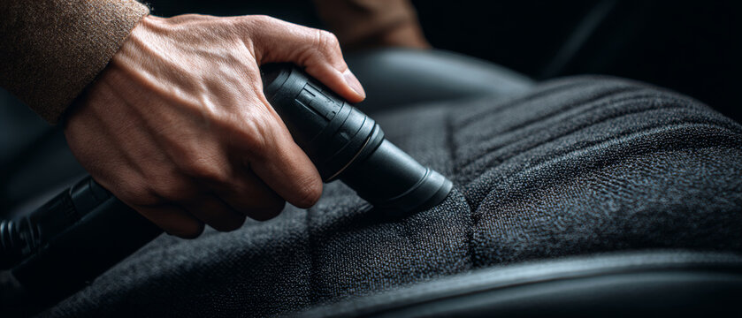 A man is vacuuming a car seat using a vacuum cleaner in a workspace. He holds the tool with one hand while cleaning the black fabric of the seat