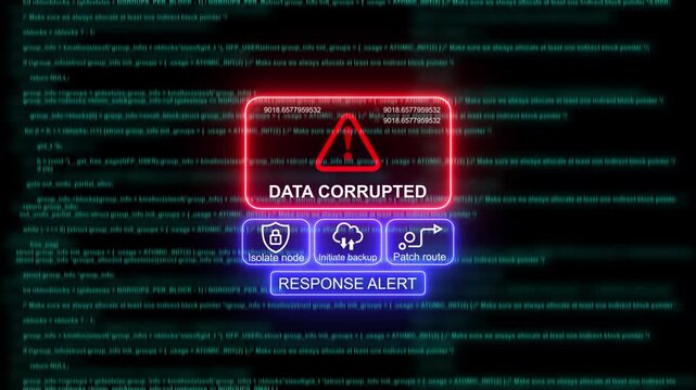 Data corrupted system alert ui overlay with cyber security warning and digital code background corruption
